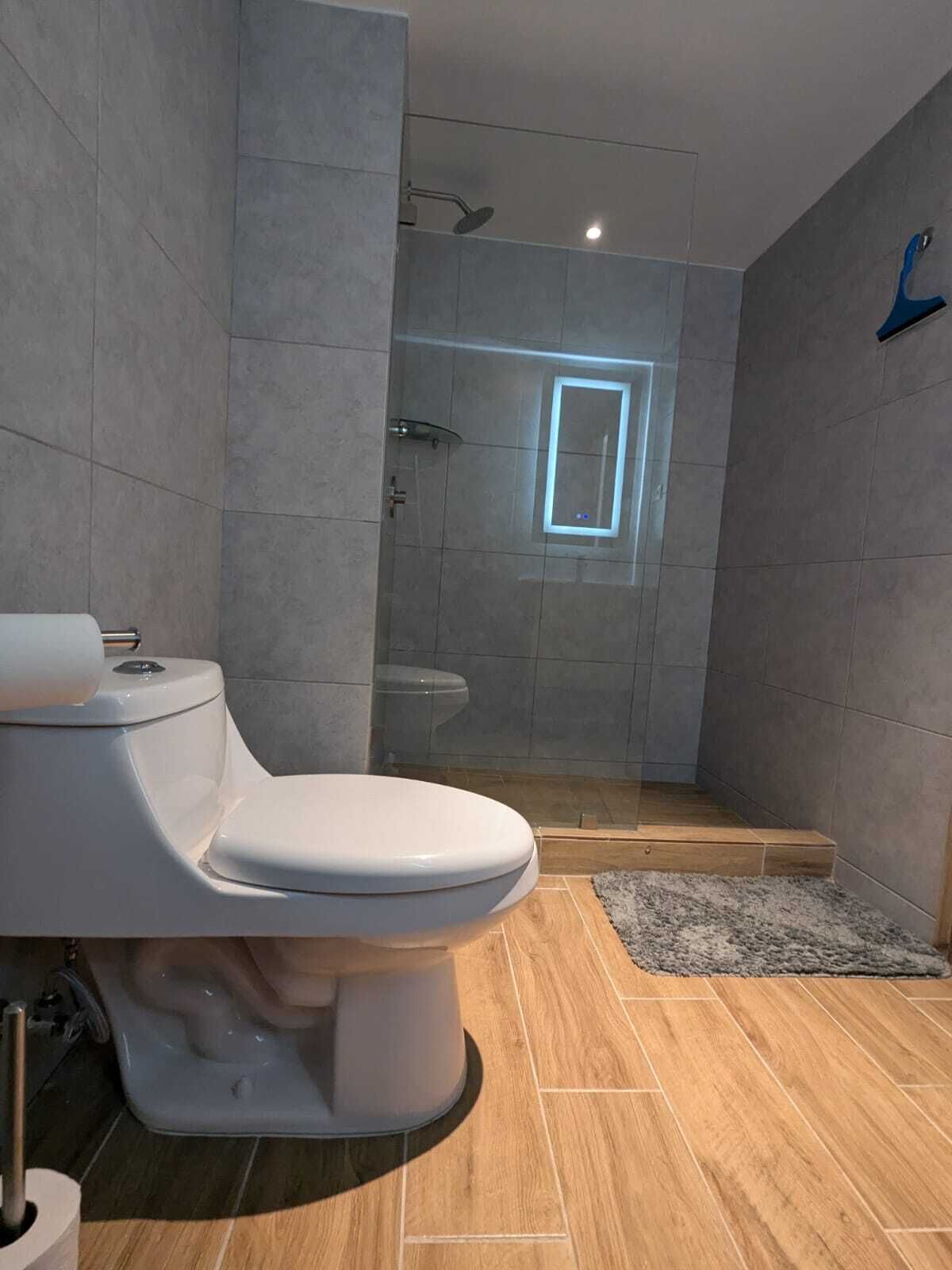 Hair dryer, towels, soap, toilet paper