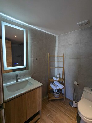 Secadora de cabello, toallas, jabón, papel de baño 