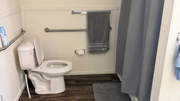Hair dryer, towels, soap, toilet paper