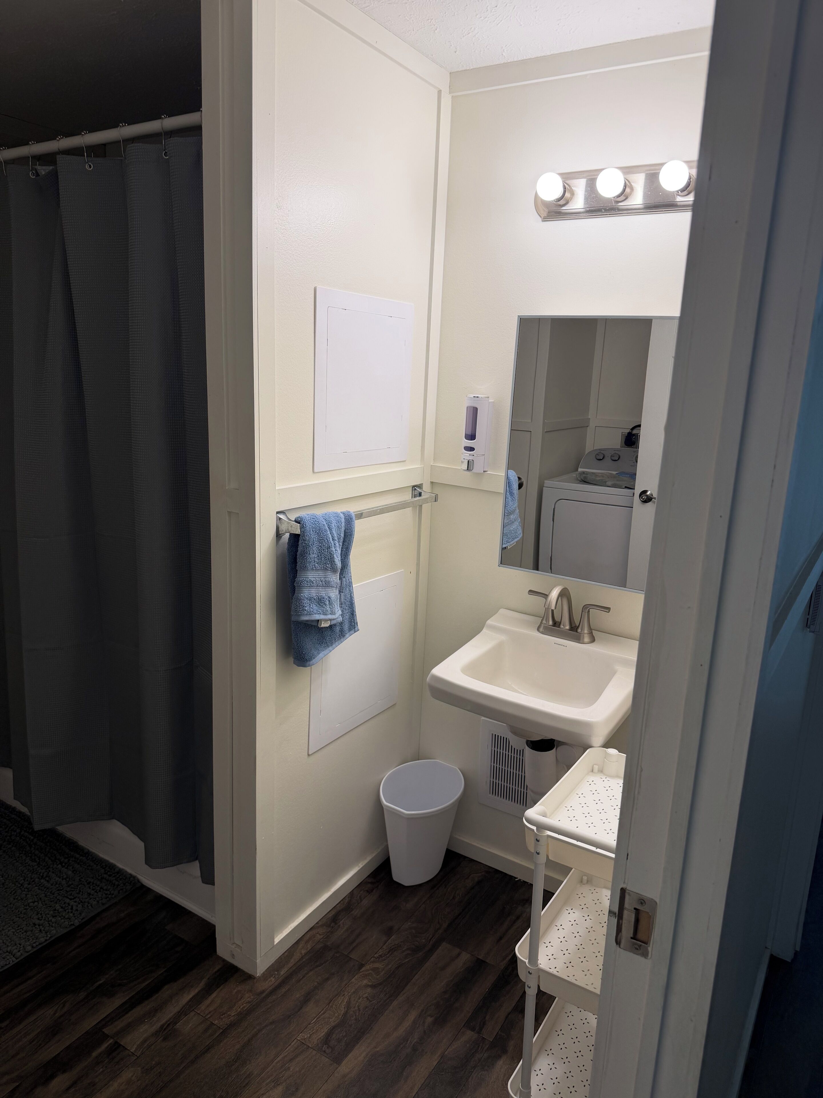 A bathroom with a shower, a sink, a mirror, and a trash bin.
