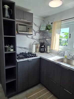 Geladeira, micro-ondas, cooktop, cafeteira/chaleira