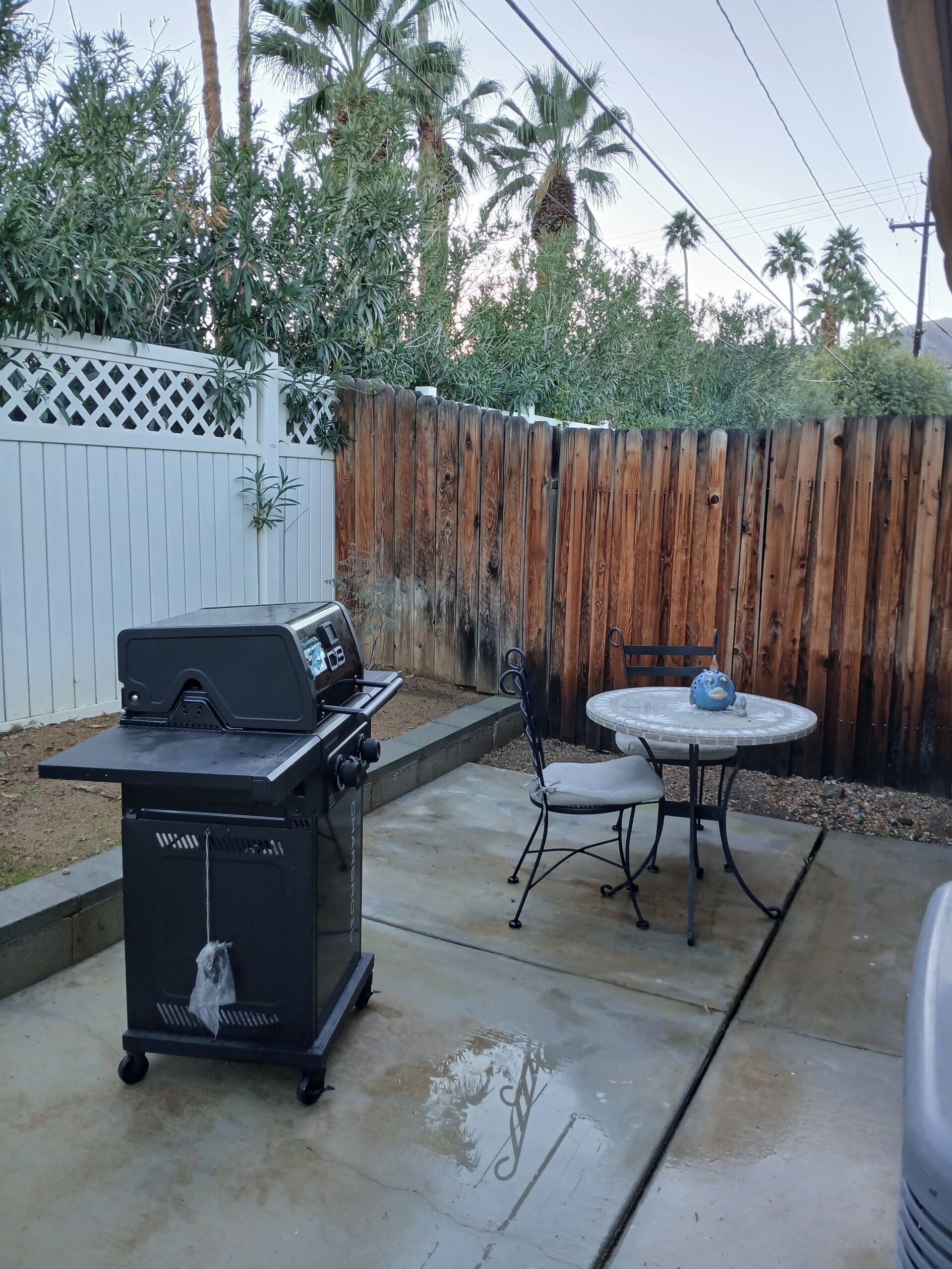 Un giardino sul retro con un barbecue, un tavolo rotondo con una sedia e un recinto in legno.