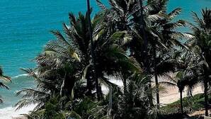 A coastal landscape with palm trees, a beach, and a rocky cliff. - Flat Gold Vista Mar - Praia de Tabatinga (Conde)