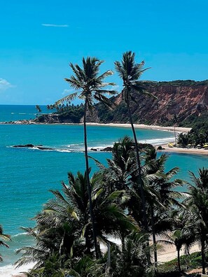 A coastal landscape with palm trees, a beach, and a rocky cliff. - Flat Gold Vista Mar - Praia de Tabatinga (Conde)