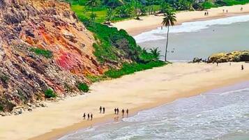 Uma área costeira com uma praia de areia, um penhasco rochoso e uma zona residencial com edifícios e palmeiras.