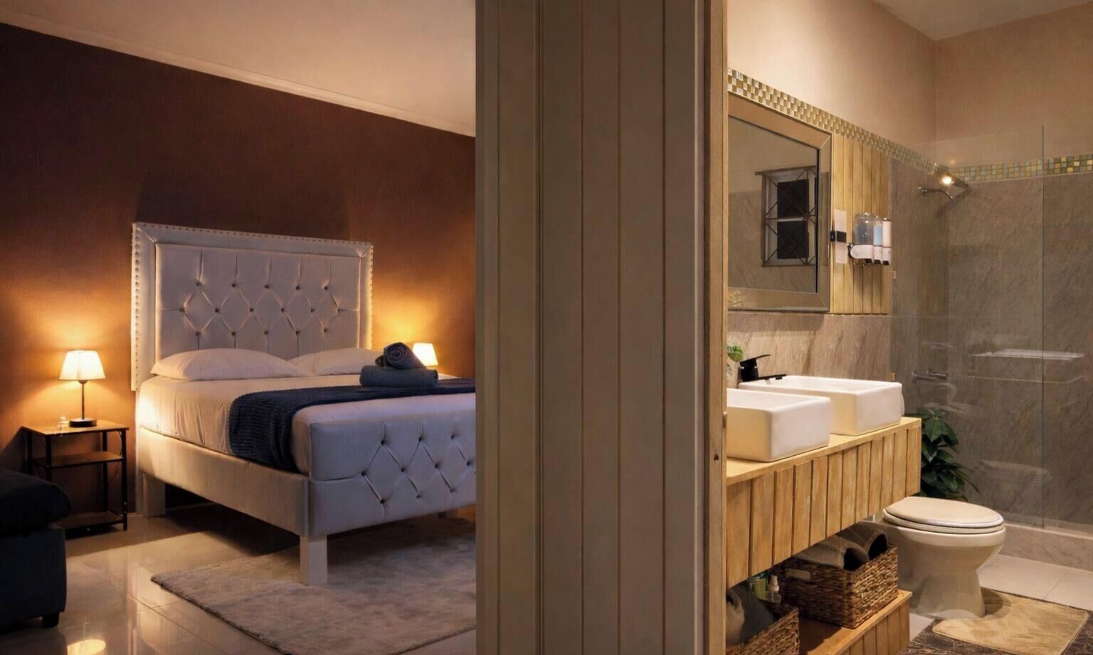 Hair dryer, towels, soap, toilet paper