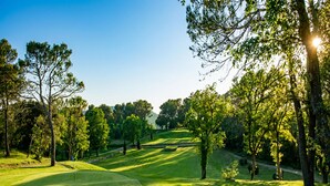 Un parcours de golf avec une pelouse bien entretenue, des arbres et un ciel dégagé.