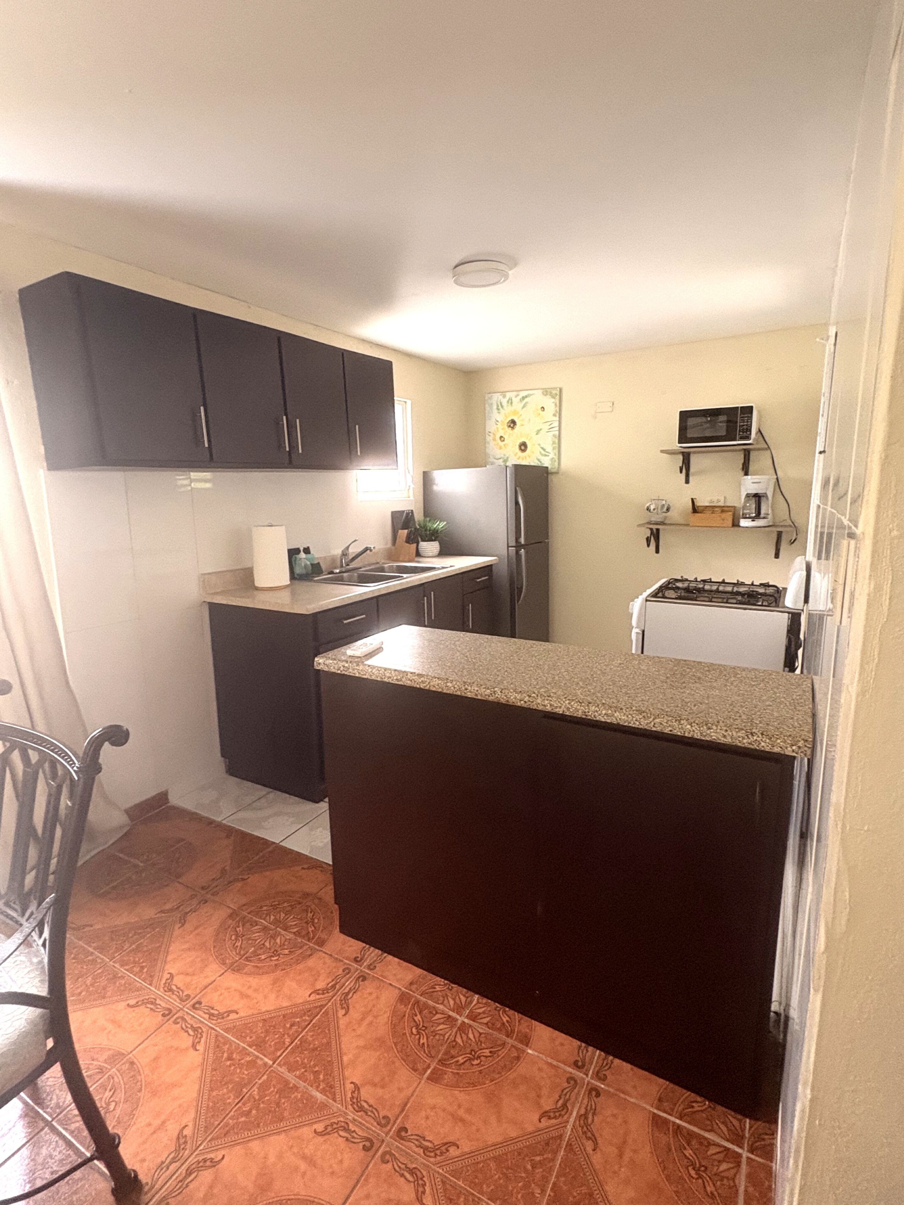 Cocina compacta con gabinetes oscuros, encimera de granito, refrigerador, microondas y cafetera.