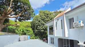A white building with a tiled roof, a large tree in the background, and a clear blue sky. - Tranquil Campo Home w/ Lush Private Outdoor Oasis (Daguao)