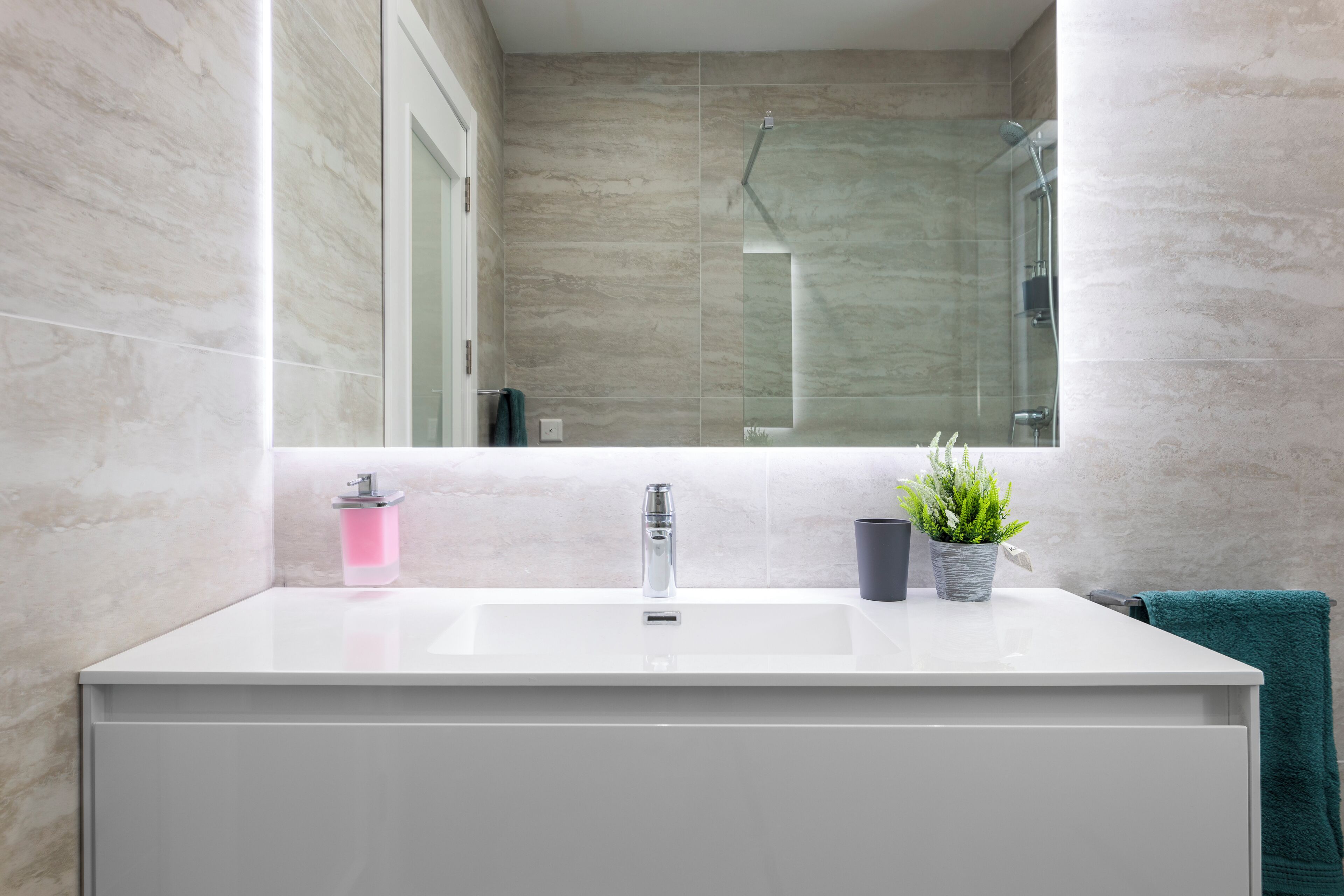 A bathroom with a white sink, a mirror, a shower, and a potted plant.