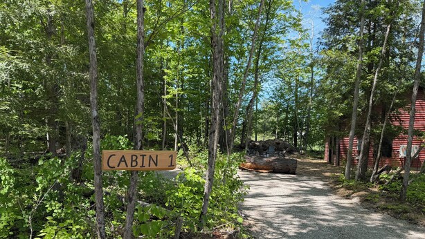 A cabin labeled 'CABIN 1' with a gravel path leading to it, surrounded by trees. - Secluded cabin on the trails- cabin #1 (Petoskey)