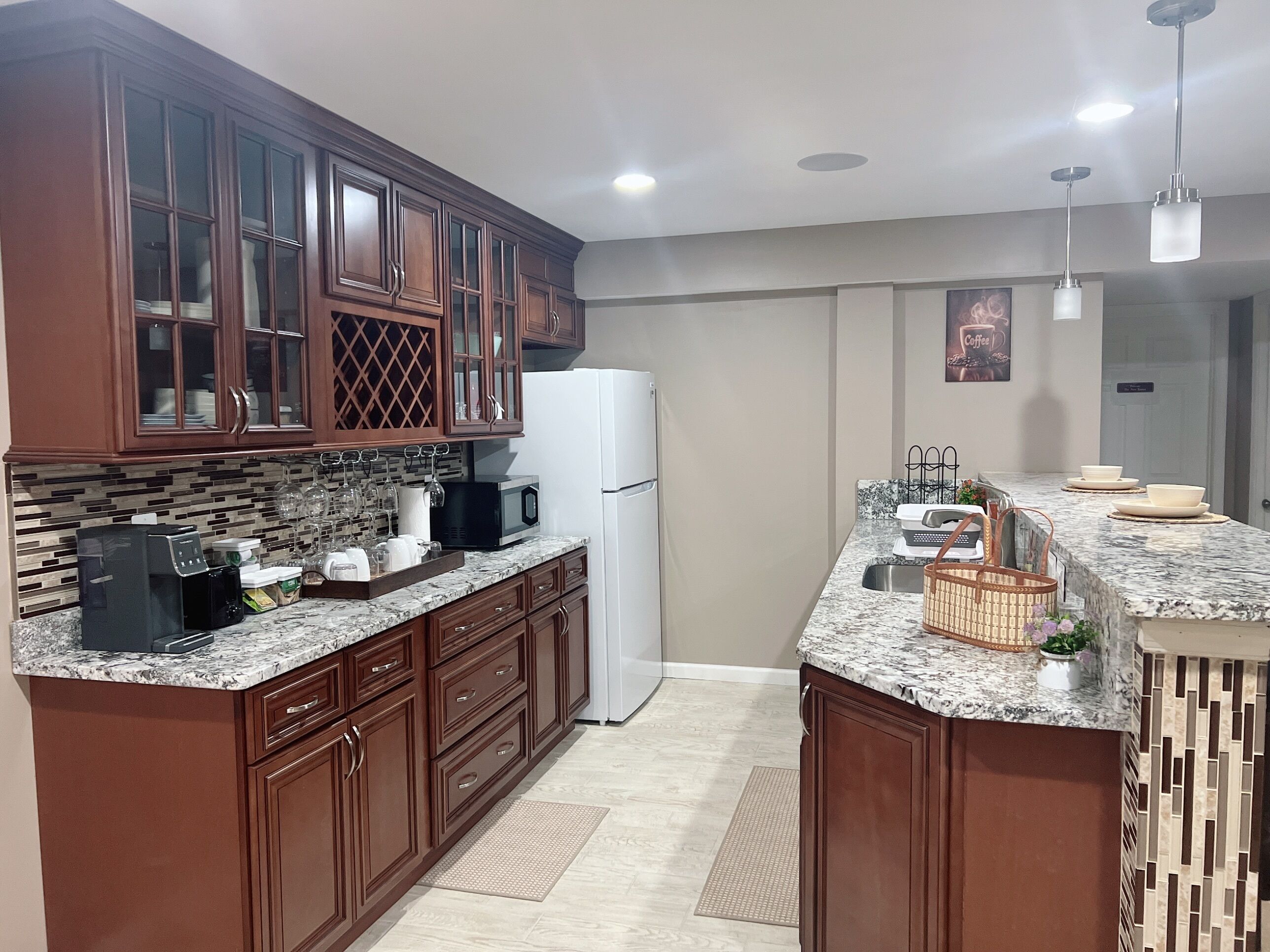 Fridge, microwave, coffee/tea maker, electric kettle