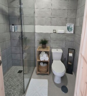 Een douche, een haardroger, handdoeken, zeep