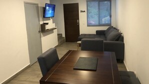 Un soggiorno moderno con un tavolo da pranzo in legno, divani grigi, una TV a schermo piatto montata a parete e una finestra con persiane.