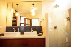 Shower, hair dryer, towels
