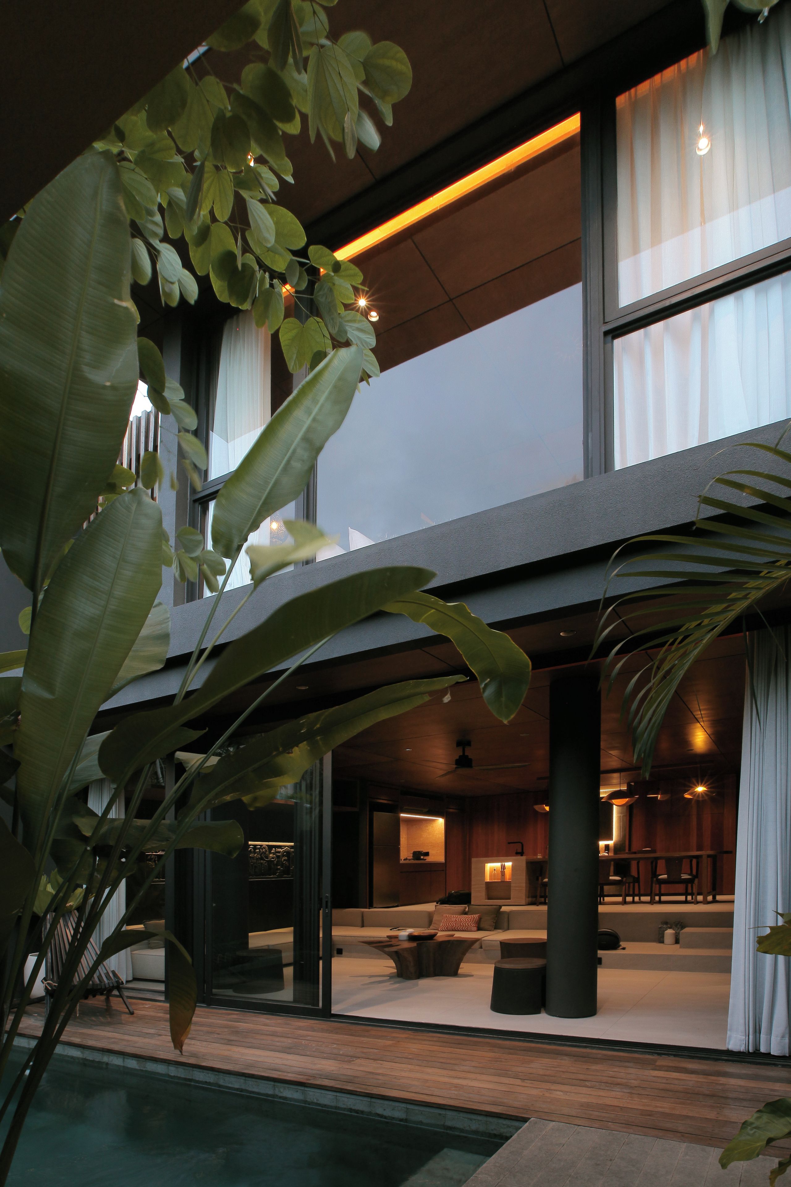 A modern interior with a pool, large windows, and indoor plants.