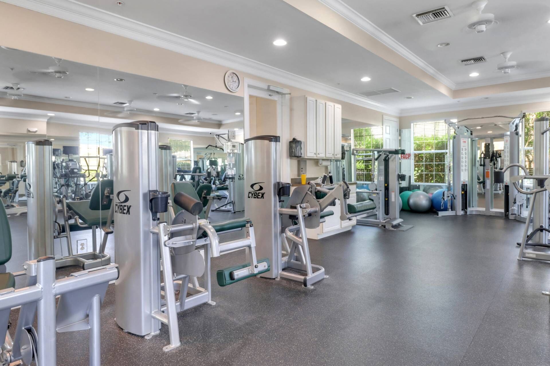 A gym with various exercise machines, mirrors, and a large window with greenery outside.