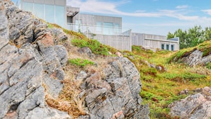 En modern byggnad med stora fönster och ett platt tak, omgiven av ett bergigt landskap och gles vegetation.