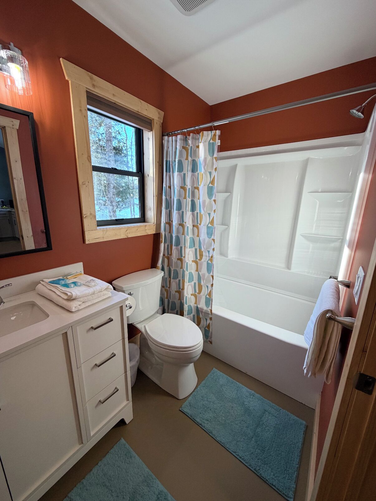 Shower, towels, soap, toilet paper