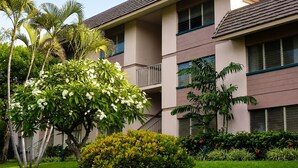 A multi-story building with balconies, surrounded by lush greenery and flowering plants. - Relaxing Kihei Getaway - Walk to Beaches, Dining & Shops (Kihei)