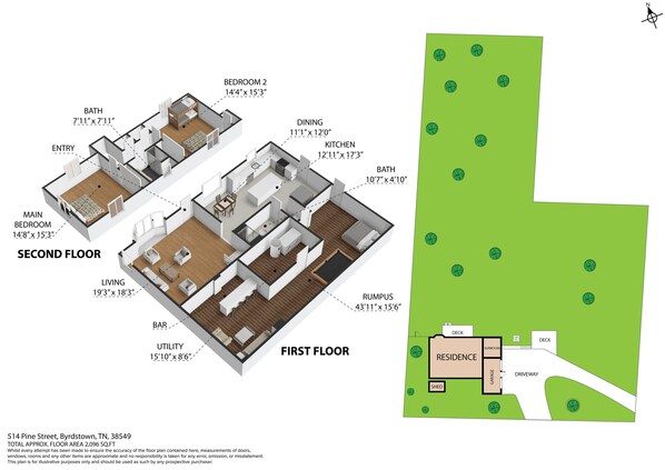 A 2-story residential floor plan with a main bedroom, living room, kitchen, dining area, and bathroom.
