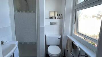 Hair dryer, towels, soap, toilet paper