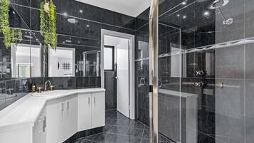 Shower, hair dryer, towels