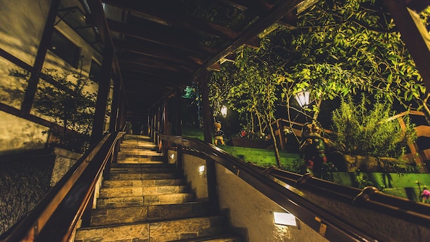 Una escalera de piedra con barandillas metálicas que conduce a un espacio cubierto con vegetación y un farol.