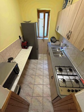 A compact kitchen with a gas stove, a built-in oven, a small refrigerator, and a window with curtains. - Holiday home with air conditioning, private beach section and jetty, large garden (Balatonmáriafürdő)