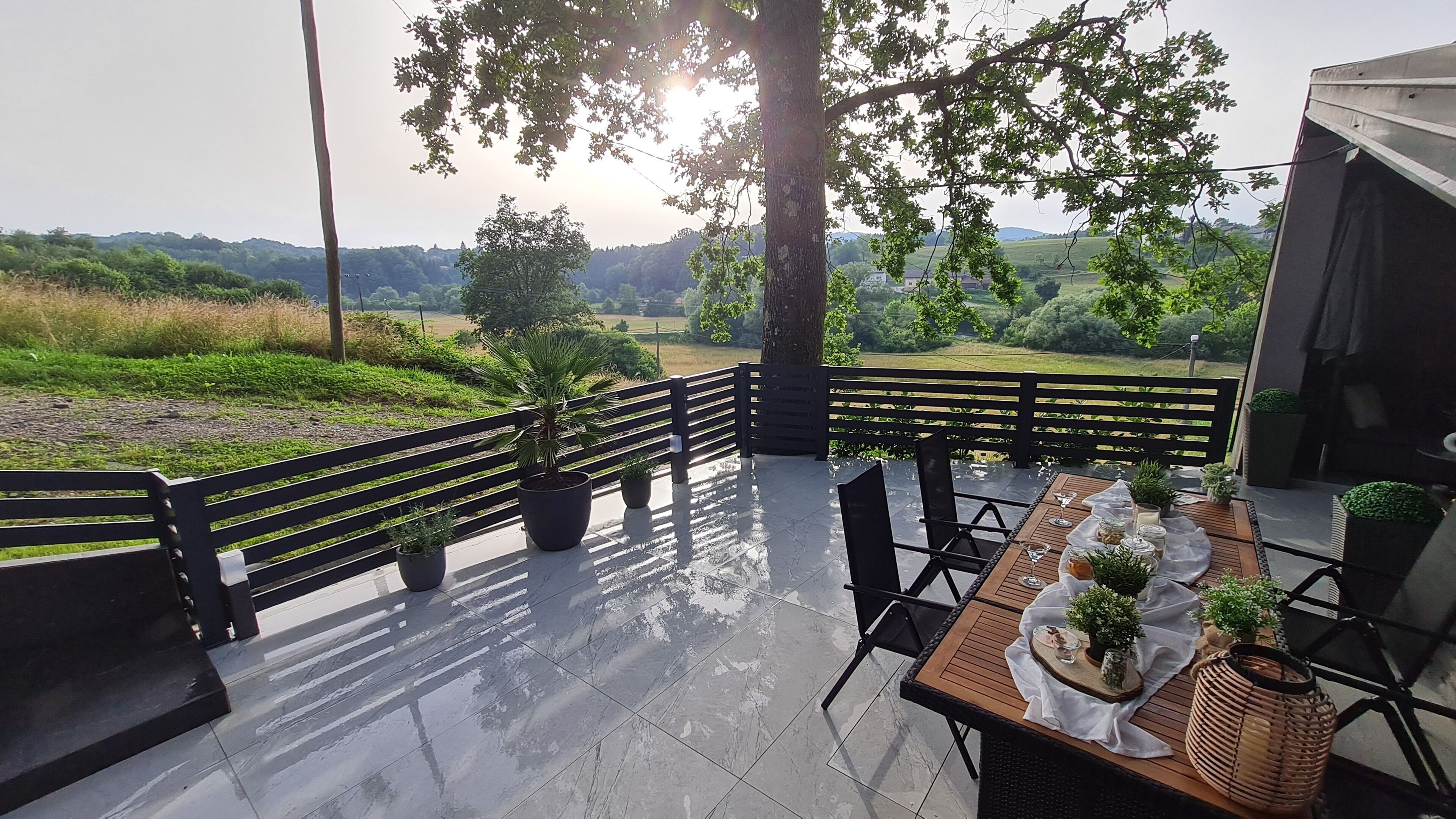 An outdoor patio with a table set for dining, surrounded by potted plants and a view of a green landscape.