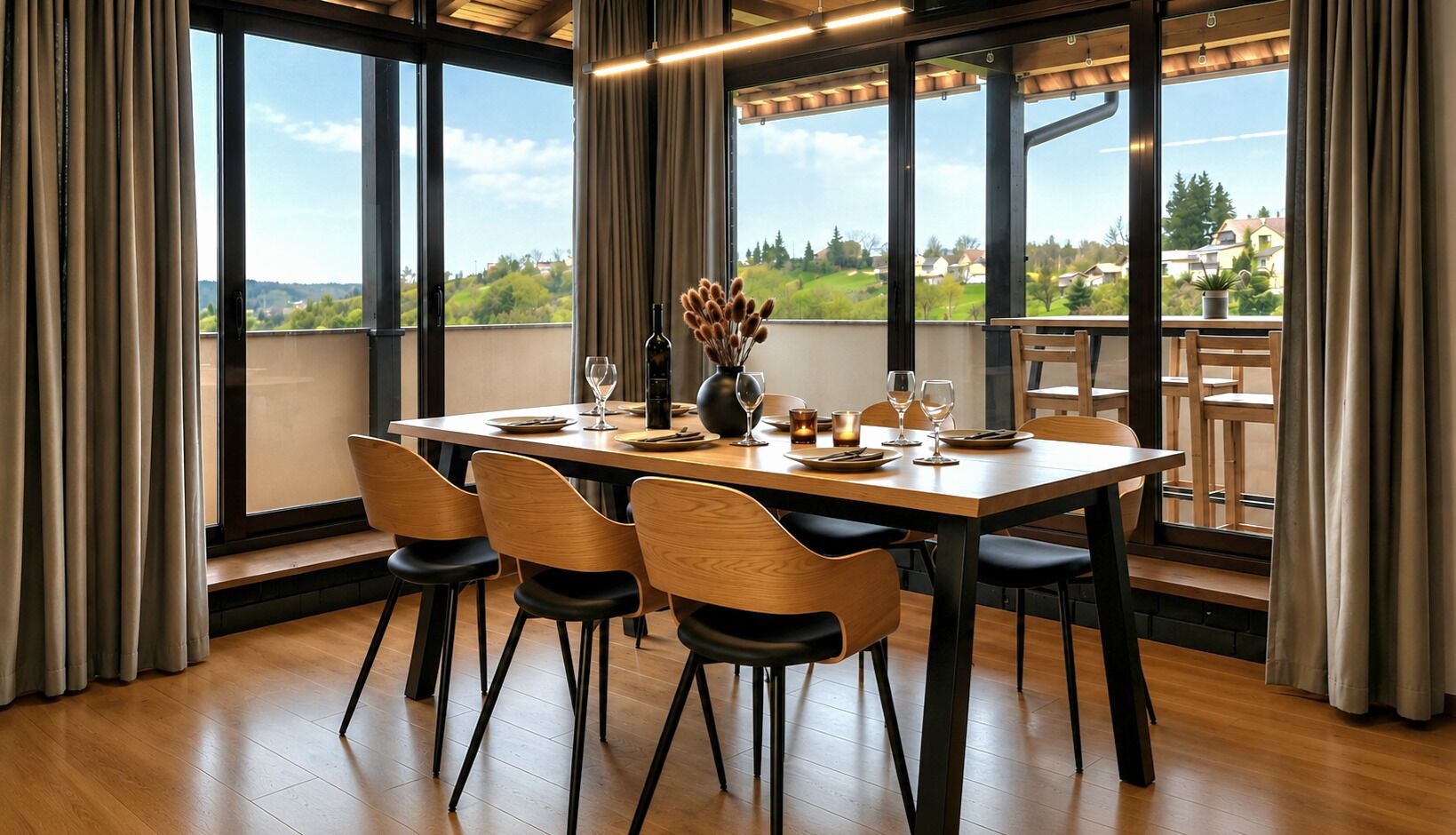 A dining area with a table set for four, chairs, and a view of the outdoors.