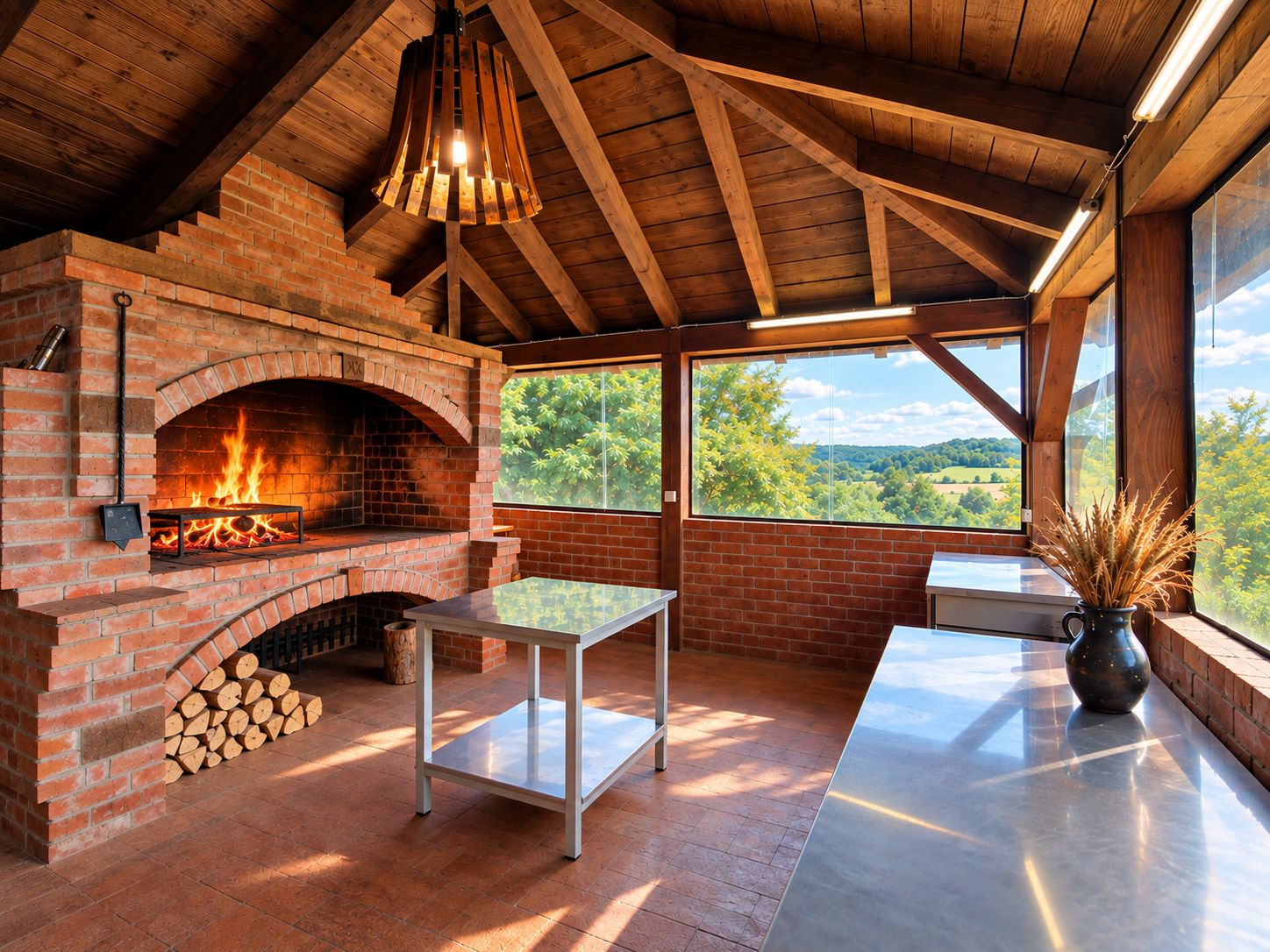 A rustic brick fireplace with a fire, a metal table, and a view of the outdoors.