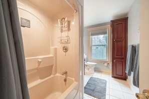 Hair dryer, towels, soap, toilet paper