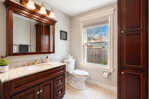 Hair dryer, towels, soap, toilet paper