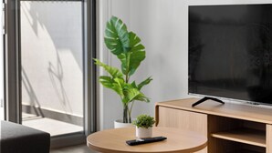 Een moderne woonkamer met een grote flatscreen televisie, een ronde houten salontafel, een grijze bank, een potplant en een schuifdeur van glas die uitkomt op een balkon.