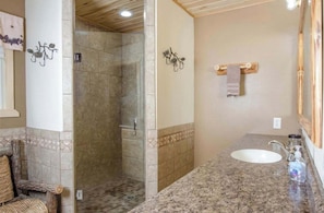 Shower, jetted tub, hair dryer, towels