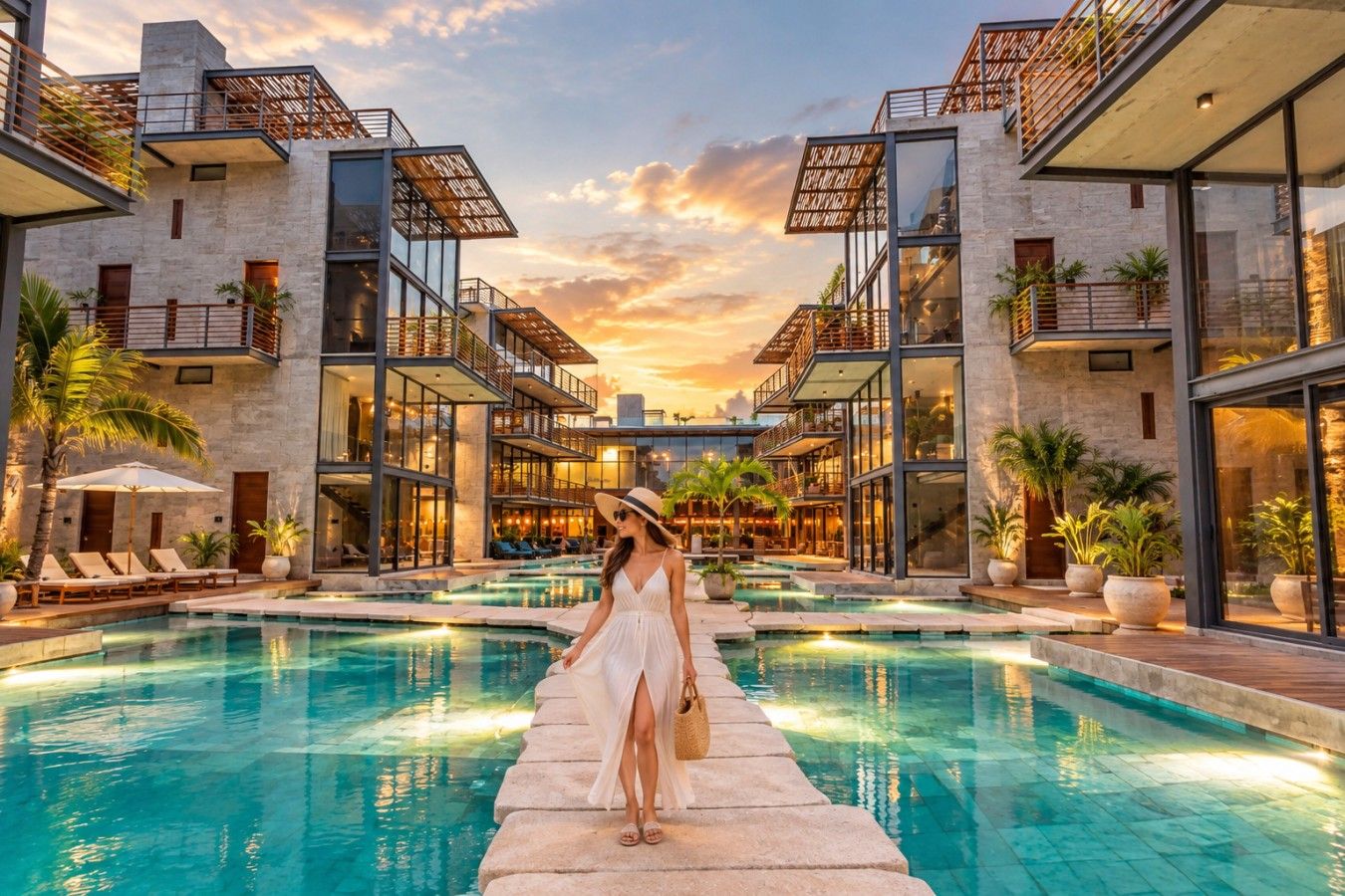 Un hôtel moderne doté d’une piscine, de nombreux balcons et offrant une vue sur le coucher de soleil.