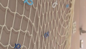 Un gros plan d’un tissu en maille orné de petits clips bleus.