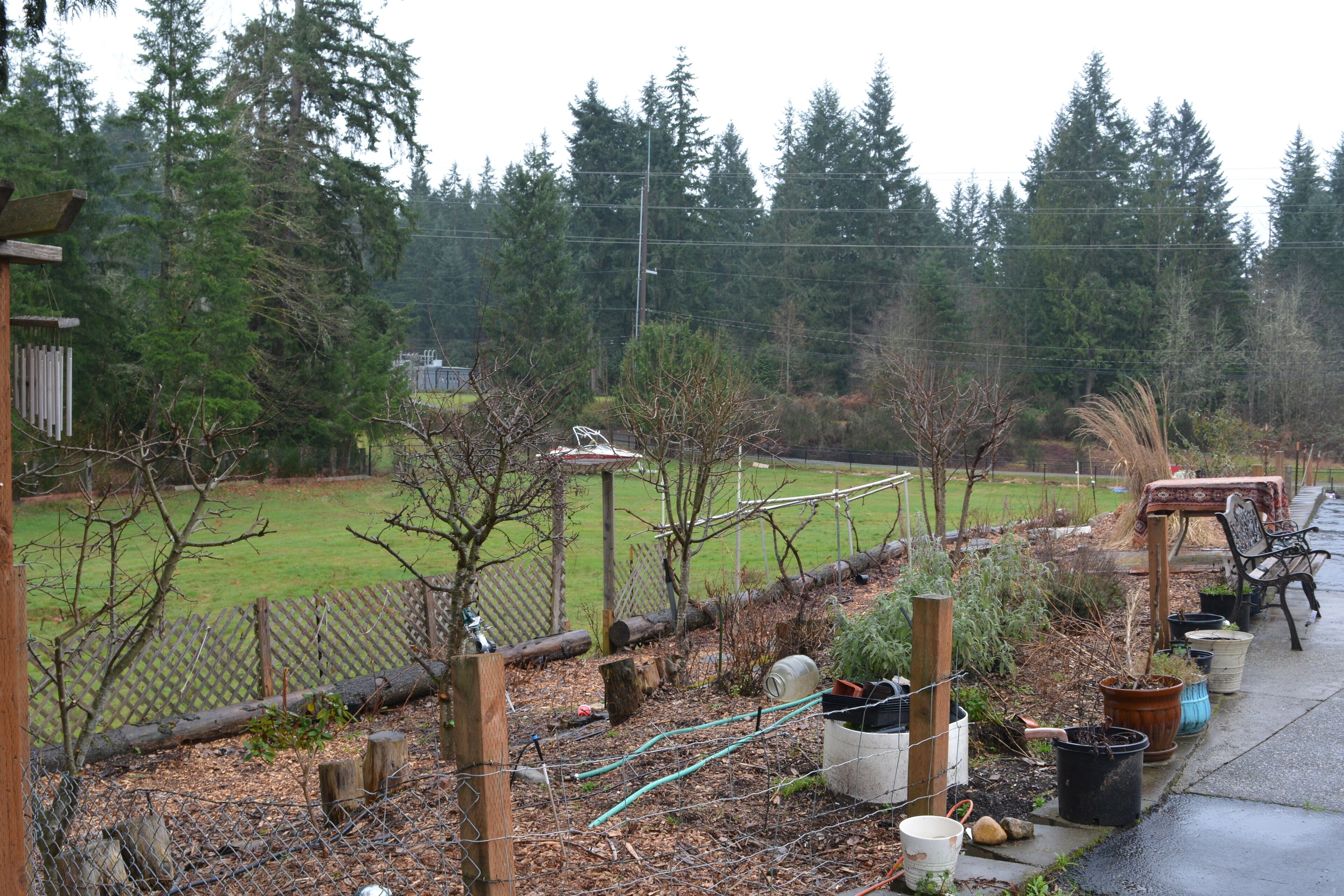 A fenced backyard with a garden, a wooden bench, and a table with a tablecloth.