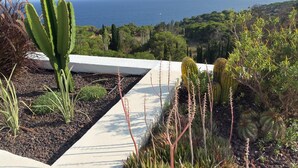 Een aangelegde tuin met cactussen en struiken, een betonnen pad, en een uitzicht op zee en heuvels op de achtergrond.
