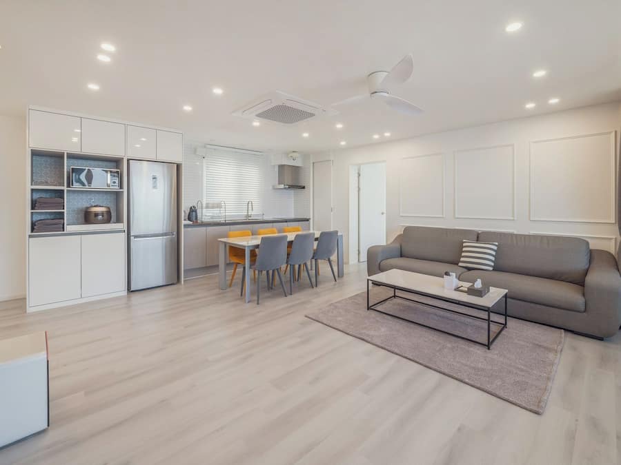 A modern living space with a kitchen, dining area, and seating area.