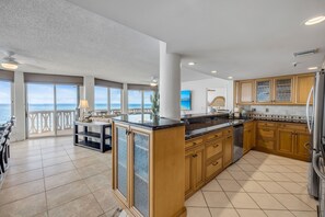 Coffee/tea maker, fridge, microwave, stovetop - Direct Oceanfront Corner Condo, Family-Friendly with Beachfront Pool and Garage Parking (Ormond Beach)