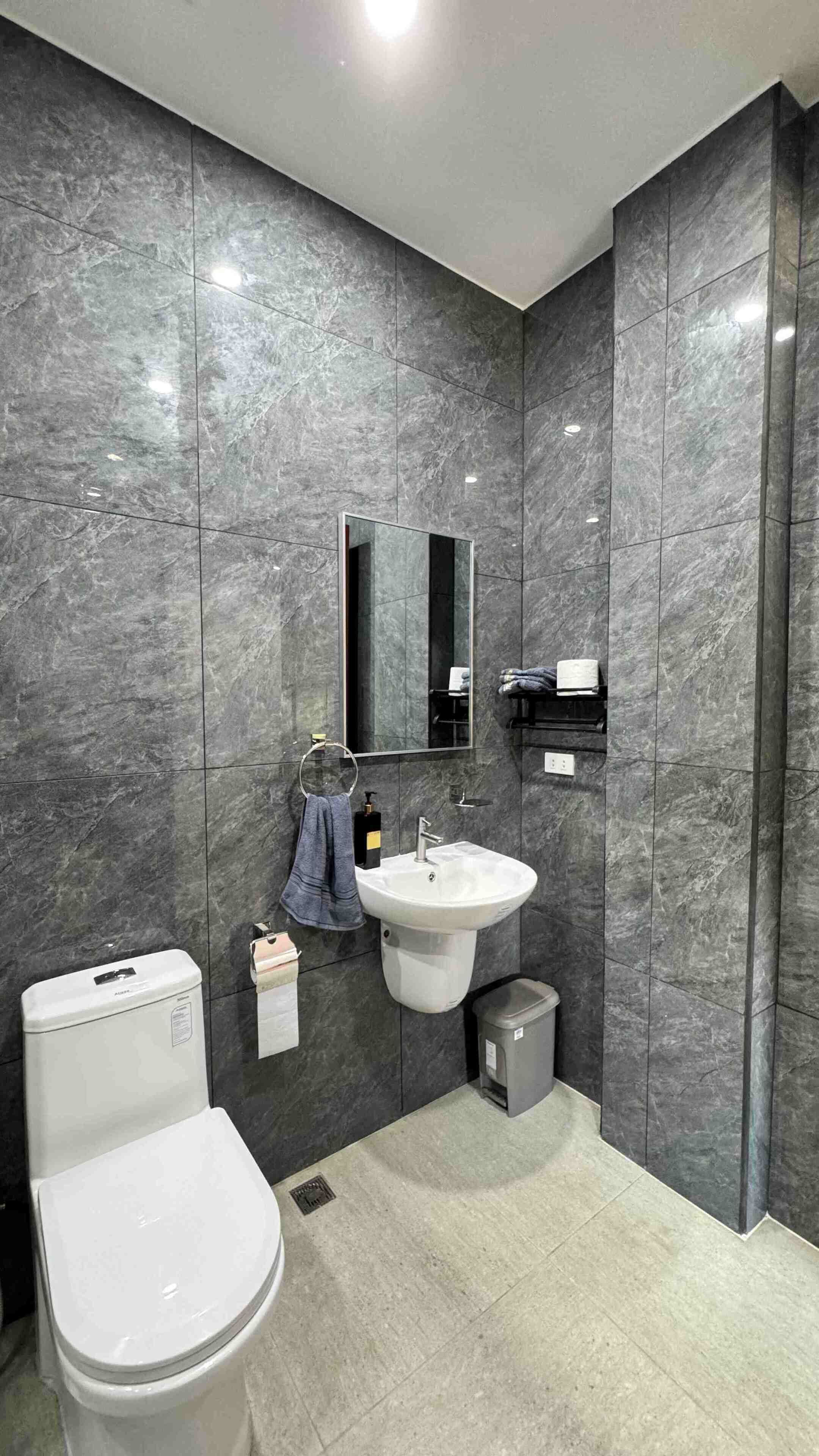 A modern bathroom with a toilet, sink, and mirror.