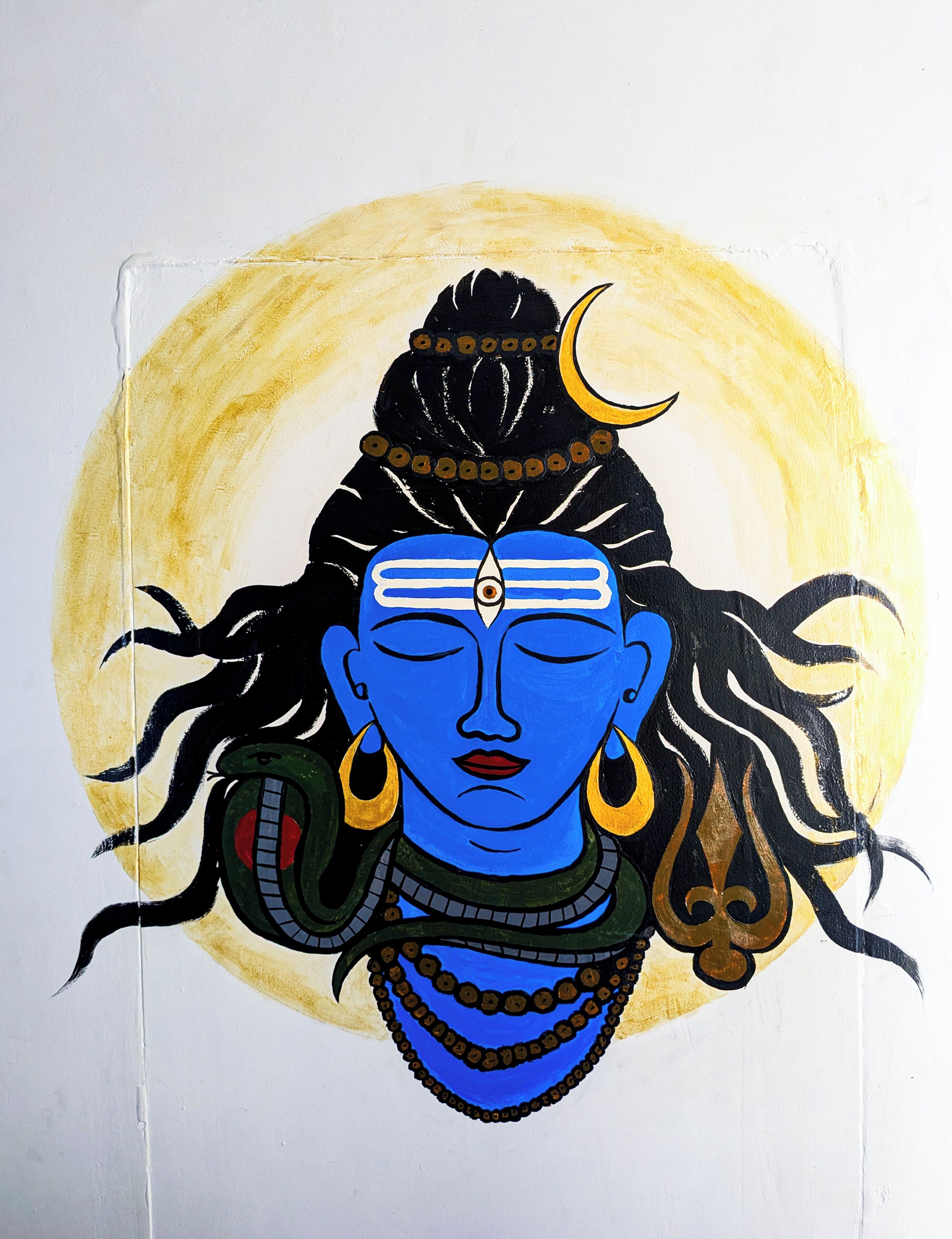 A painting of a deity with a crescent moon, a snake, and a trident.