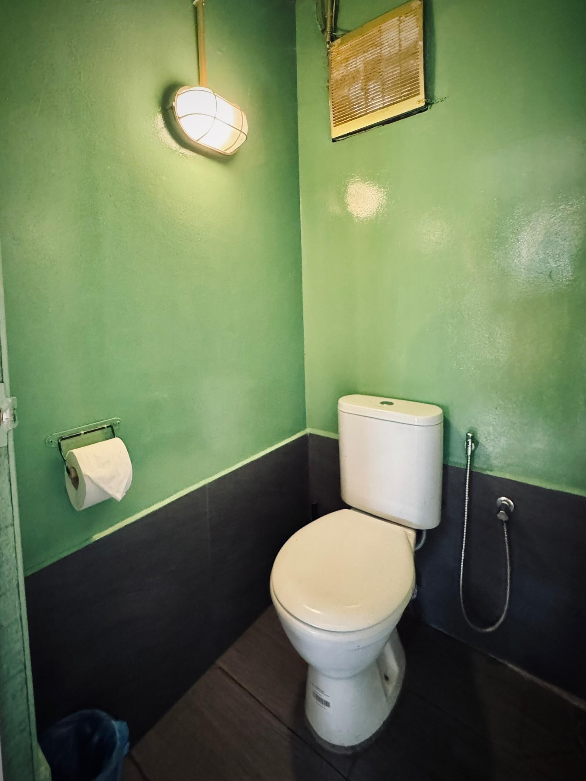 Un bagno piccolo con il water, un dispenser di carta, un soffione e un portaluce a parete.