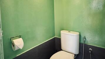 A small bathroom with a toilet, a paper towel dispenser, a shower head, and a wall-mounted light fixture.