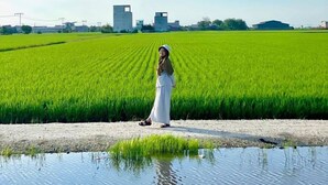 A person standing in a green field with a water body in the foreground. - Padi Box (Sekinchan)
