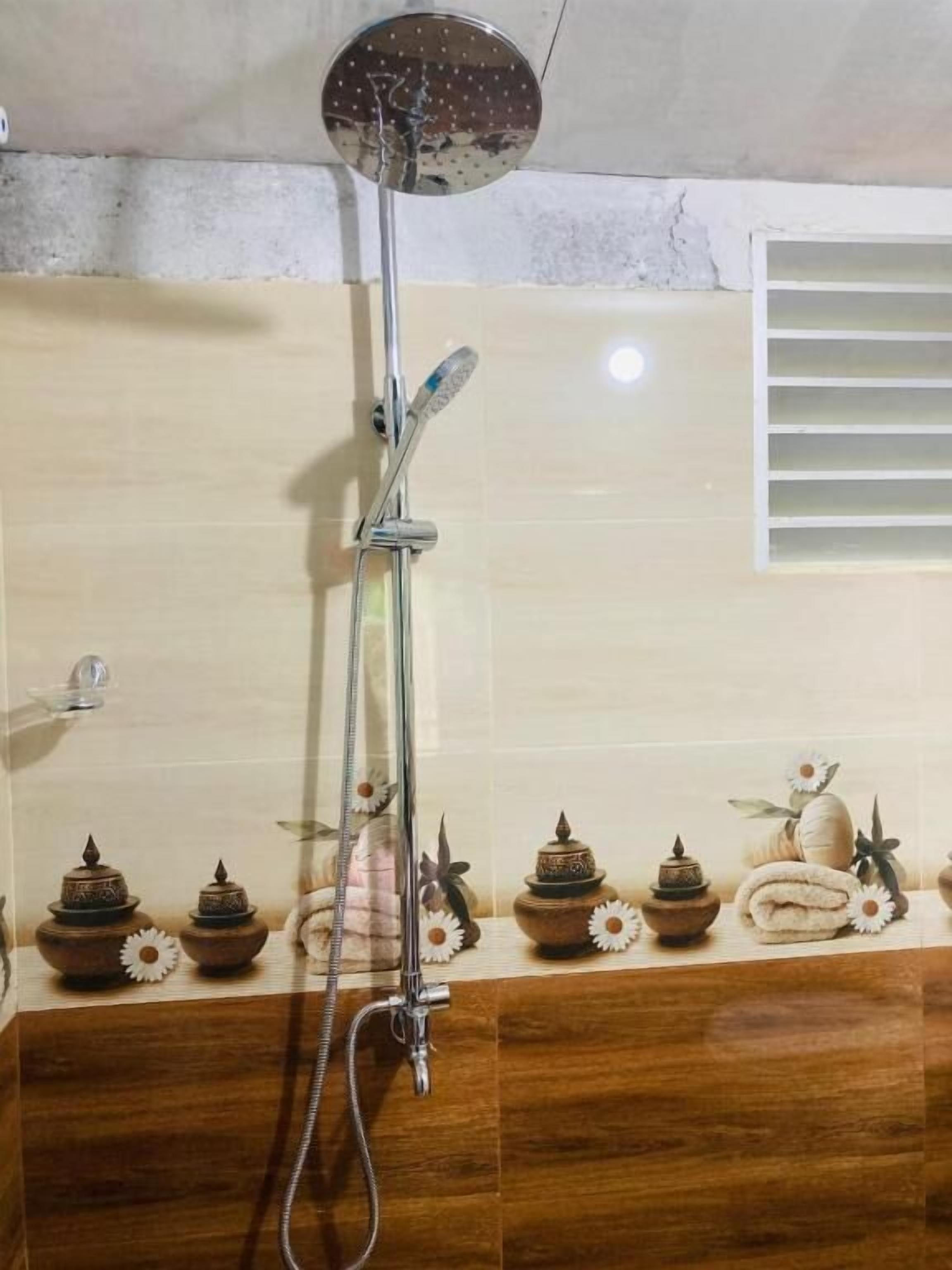 A shower with a handheld showerhead and a wall-mounted control.
