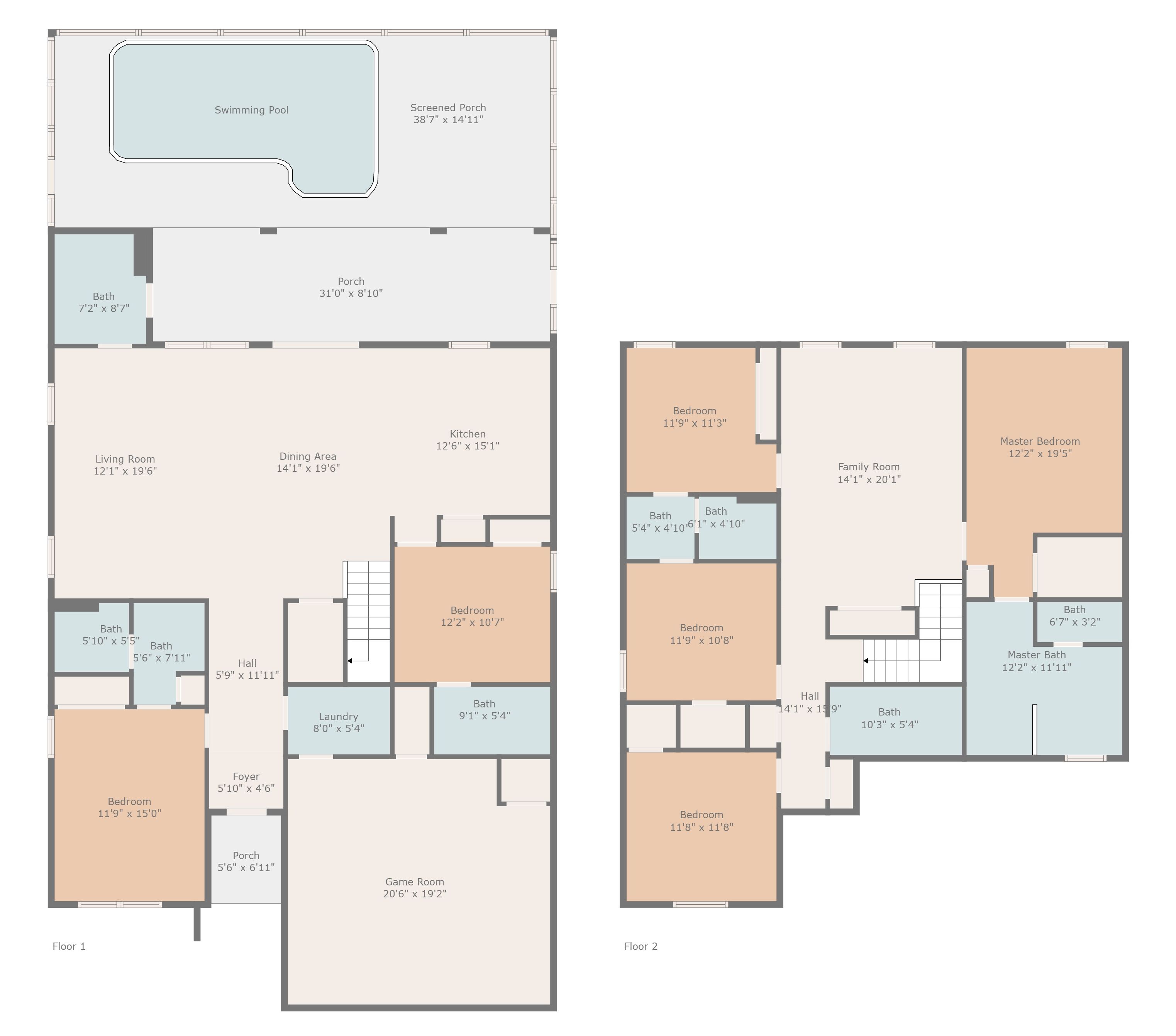 A floor plan of a two-story house with a swimming pool, screened porch, and various rooms including bedrooms, bathrooms, a dining area, kitchen, and a game room.
