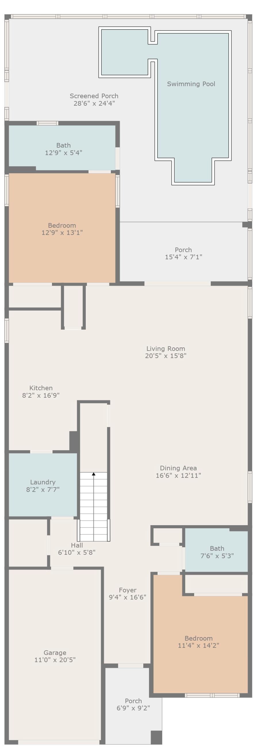 A floor plan with a swimming pool, screened porch, bedrooms, living room, kitchen, dining area, laundry, hall, foyer, and garage.
